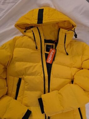 Superdry Yellow Hooded Quilted Puffer Coat with Black Trim